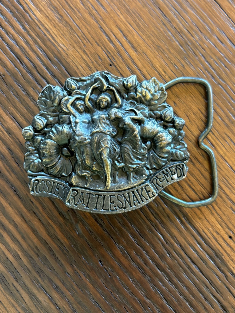 Vintage 70’s Wild Western Heritage Brass Rosie’s Rattlesnake Remedy Belt Buckle